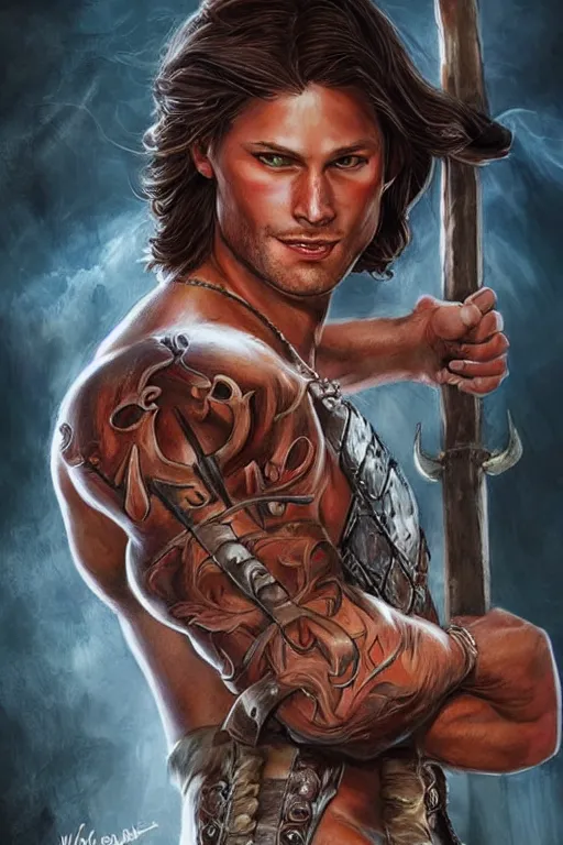 Image similar to romance book for women illustration, front portrait of attractive sam winchester as a viking warrior, clothes torn apart, muscular chest tattooed with runes and symbols, d & d!, fantasy style, sharp focus!, ultra detailed, art by artgerm and peter andrew jones, wlop