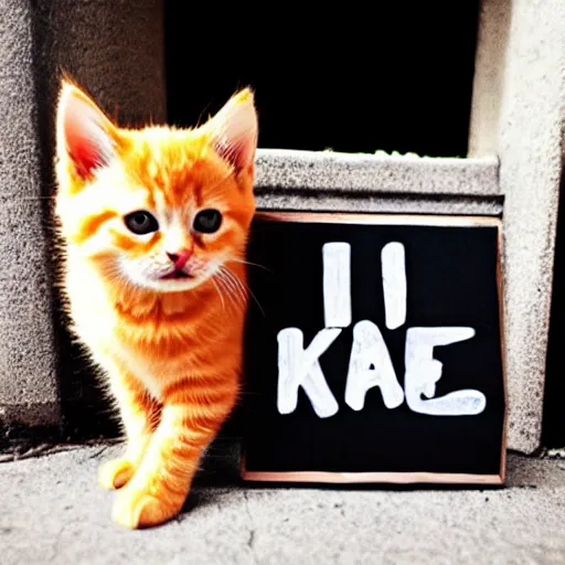 Image similar to cute fluffy orange tabby kitten with a sign that says