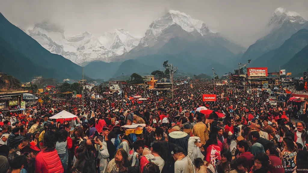 Prompt: Moody picture of the Annapurna mountain range, with a Burger King and crowds of people visible, landscape photography