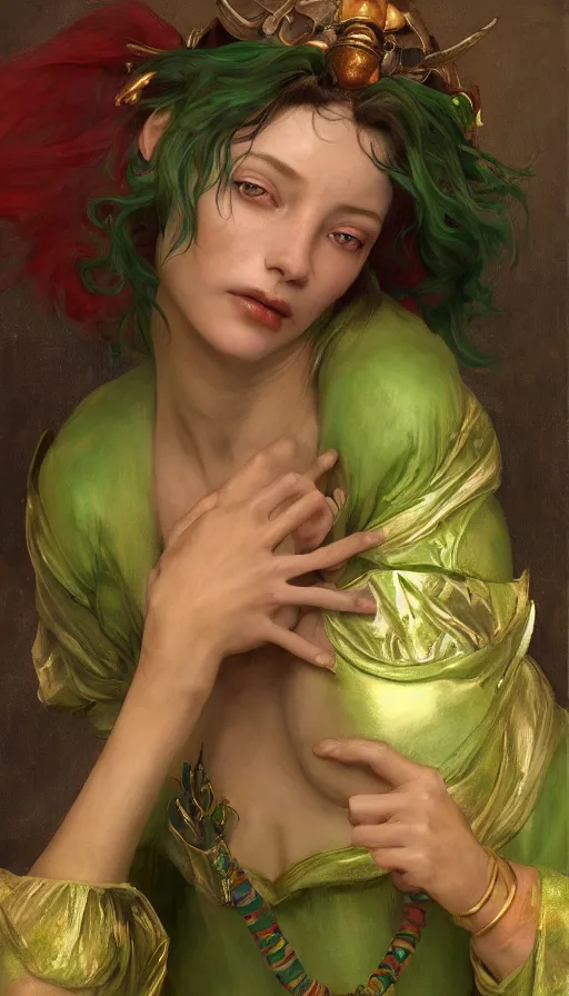 Image similar to epic masterpiece portrait of a female jester, sweaty skin, hyperrealistic, octane render, cinematic, beautiful face and flawless skin, perfect hands, emeralds by Edgar Maxence and Ross Tran and Michael Whelan, Legends of Runeterra