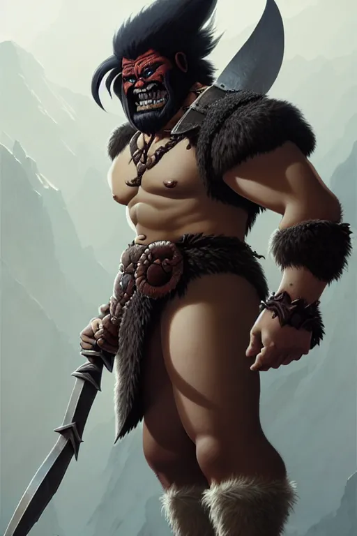 Image similar to orc barbarian wearing leather armor, full body shot, exquisite details, earth magic, mid view, design on a white background, by studio muti, greg rutkowski, makoto shinkai, takashi takeuchi, studio ghibli