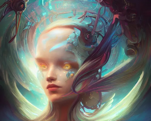 Image similar to portrait of a beautiful cybernetic emanation from angelarium, by pete mohrbacher and artgerm and wlop, digital art, highly detailed, intricate, fantasy, mystical, Trending on Artstation HQ, deviantart, unreal engine, 4K UHD image