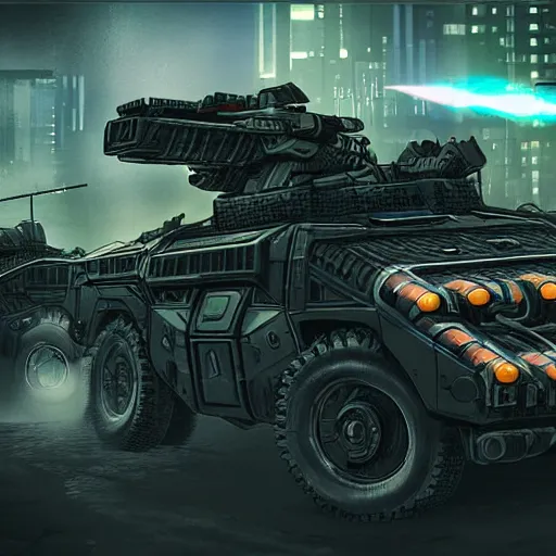 Image similar to cyberpunk military vehicles in combat, realistic, night time, bright explosions, shooting