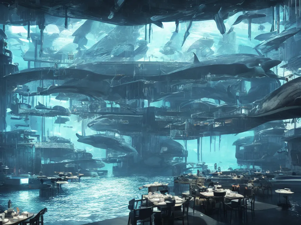 Image similar to Cyberpunk restaurant under water with whales, black ceiling and people inside the restaurant. Rays of light shines through the water. Cinematic, ArtStation, realistic photograph, ambient, rays, lens flares. Unreal Engine, Blender, Maya, rendered by Octane, Arnold.