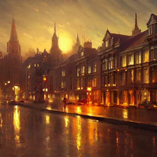 Prompt: A beautiful painting of Victorian city autumn night, hyperrealistic, artstation, detailed, cinematic lighting, concept art, photorealistic