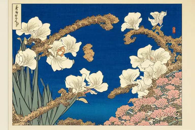 Image similar to a beautiful and hyperdetailed ukiyo - e drawing of tangled irises and flowers by katsushika hokusai, in style by utagawa kuniyoshi and utagawa hiroshige, japanese print art, intricate, elegant, fine, complex, chinese style 4 k