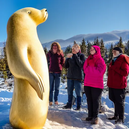 Prompt: humans praying to a statue of a giant golden baby harp seal, Leica, 4k photo