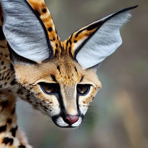 Image similar to photo of a serval whose torso is extremely long and thin and twisted into a coil, resembling a snake. it is in an oak forest. its tongue is a long forked snake - tongue. nature photography ; high - resolution.