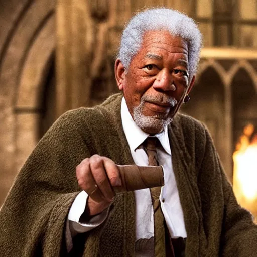 Image similar to still of morgan freeman in harry potter as harry holding a wand