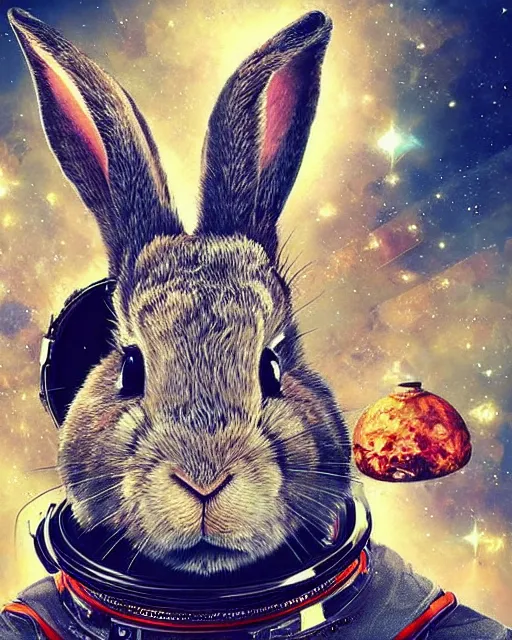 Prompt: portrait of a rabbit wearing a space suit after eating 3 mg of lsd dof hdr art by aleksi briclot and alexander'hollllow'fedosav and laura zalenga