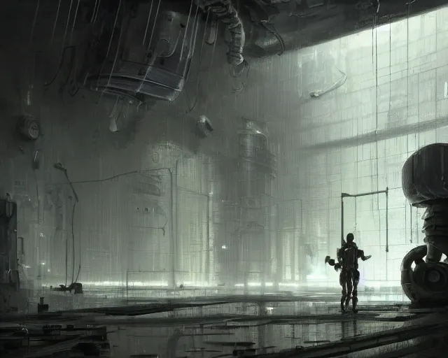 Image similar to gloomy ruined server room in datacenter robot figure automata headless robot knight colossus welder posing pacing fixing soldering mono sharp focus, emitting diodes, smoke, artillery, sparks, racks, system unit, motherboard, by pascal blanche rutkowski repin artstation hyperrealism painting concept art of detailed character design matte painting, 4 k resolution blade runner