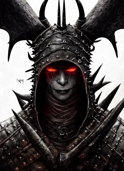Image similar to rpg! profile! portrait of humanoid demon on white background, horns, spikes, leather clothes, dark souls, bloodborne, intricate, highly detailed, digital painting, artstation, concept art, smooth, sharp focus, illustration, art by norman rockwell emiliano ponzi andrey remnev yoann lossel aaron jasinski, 8 k