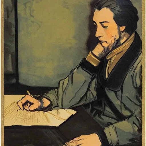 Image similar to portrait of mascha kaleko ( 1 9 4 0 ) writing poems, color hanafuda oil on canvas by ivan shishkin, james jean and yoji shinkawa