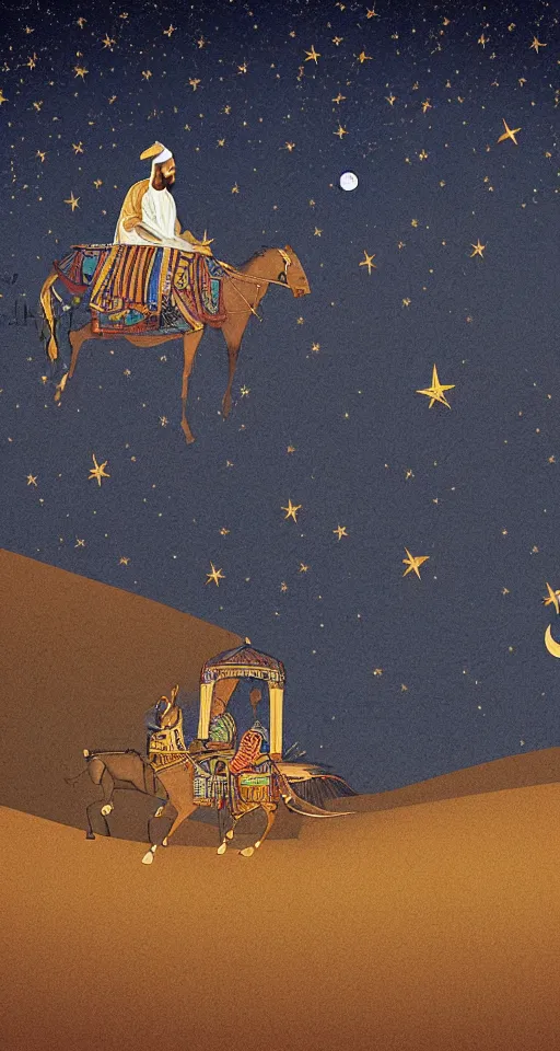 Image similar to an arabian merchant drives his caravan through the desert at night, moon and stars in night sky, stunning, detailed art