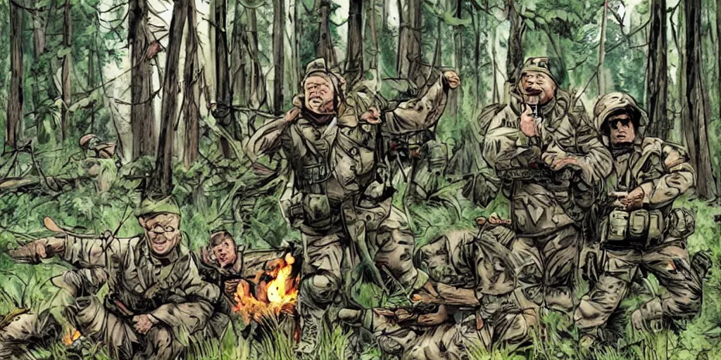 Prompt: really funny accident in finnish army, most insane scene in the forest in the style of action movie by tony scott, people laughing in the woods, campfire and tents, comicbook art by stan lee