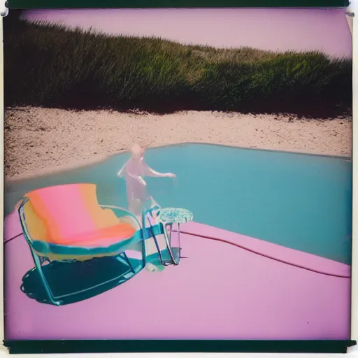 Image similar to a pastel colour high fidelity Polaroid photo from a holiday album at a seaside with abstract inflatable relaxing parachute furniture, all objects made of transparent iridescent Perspex no people, iridescence, nostalgic