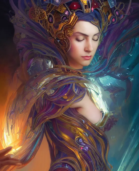 Image similar to a whirlwind of souls rushing inside the metaverse, half body, glowin eyes, tiara with sapphire, pharaoh, android, cyberpunk, d & d, fantasy, intricate, elegant, highly detailed, colorful, vivid color, digital painting, artstation, concept art, art by artgerm and greg rutkowski and alphonse mucha and ruan jia