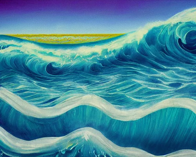 Image similar to Ocean waves in a psychedelic dream world. Landscape painting.