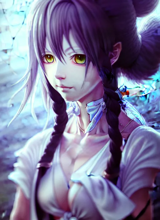 Image similar to a portrait of nekomimi wearing white dress an ultrafine detailed painting, detailed painting, detailed eyes!!, final fantasy octopath traveler lovecraft cosmic realistic hands horror