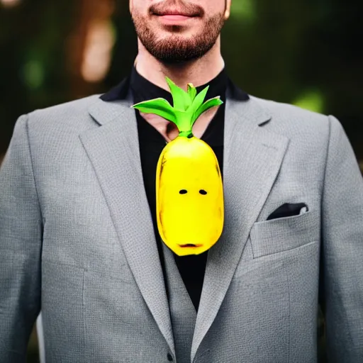 Image similar to a man wearing a suit banana head