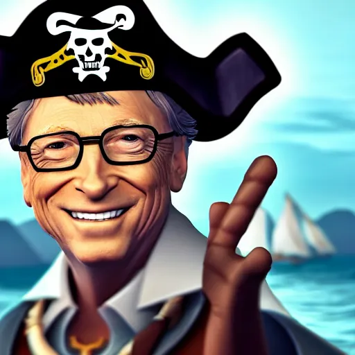 Image similar to Bill Gates as a pirate in the game Sea of thieves, digital art, trending on artstation