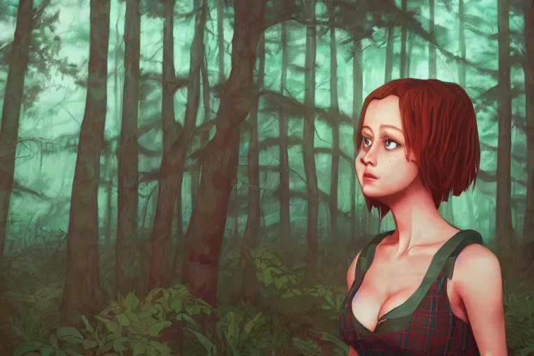 Image similar to sarah humpfrey as a girl in a dark forest, detailed plaid miniskirt, beautiful upper body, detailed face portrait, by dan mumford, anime style, octane render, trending on artstation