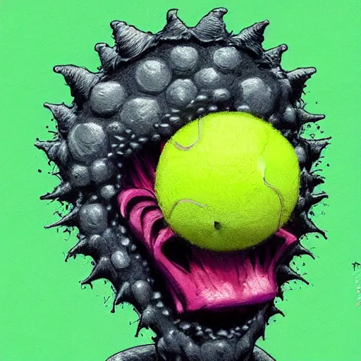 Image similar to a tennis ball monster, tennis court, digital art, fantasy, magic, trending on artstation, ultra detailed, professional illustration by Basil Gogos