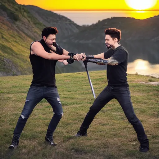 Prompt: Markiplier and Jacksepticeye fights each other with swords during a sunset, cinematic lighting, photorealistic,