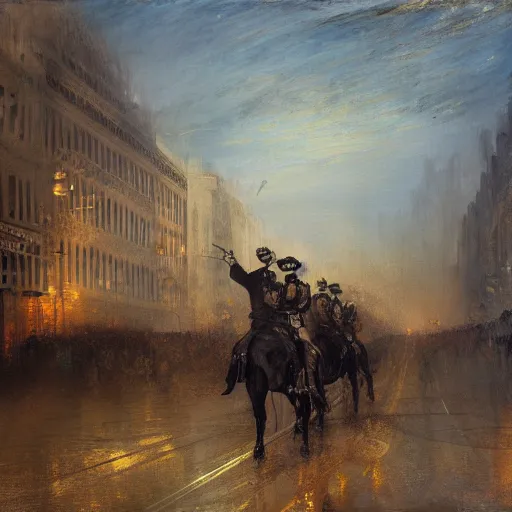 Image similar to highly detailed painting of metrocops patrolling city - 1 7, shotgun in hand, streets of nyc, by william turner, by greg rutkowski, by william constable, thick brush strokes and visible paint layers, 4 k resolution