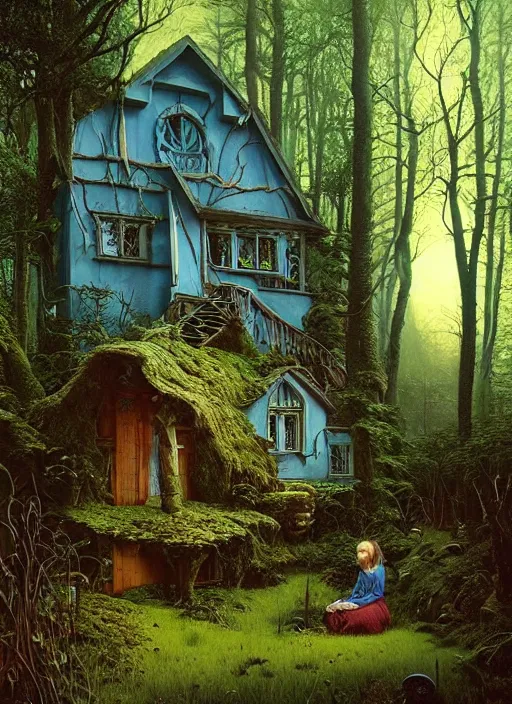 Image similar to hyper realistic witch cottage with mood lighting and technology in the woods gorgeous lighting, sunbeams blue sky, highly detailed, lush forest foliage painting by zdzisław beksinski and norman rockwell and greg rutkowski weta studio, and lucasfilm