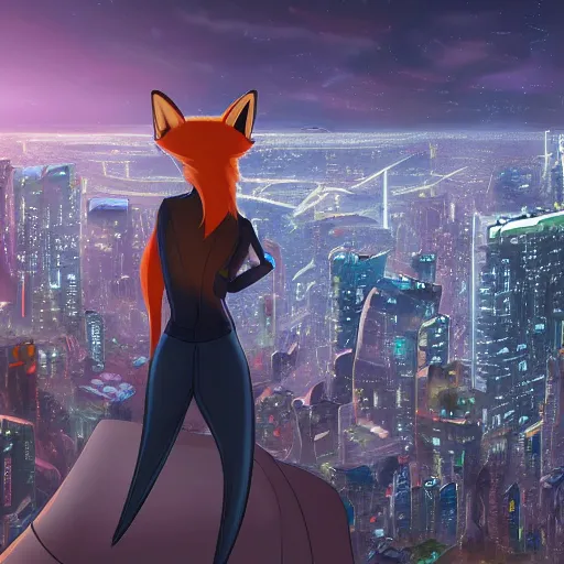 Prompt: an anthropomorphic fox, holding her hands together behind her back staring over a futuristic city from the top of a roof, wide shot, over the shoulder shot, highly coherent, trending on furaffinity