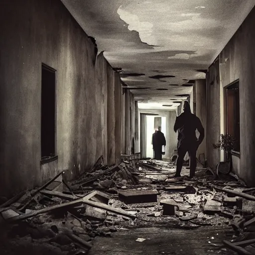 Prompt: A mysterious man standing in the middle of a stair hallway looking in the direction of the camera, the man is using a flashlight in a City in ruins with trees growing from the destroyed buildings :: apocalyptic, gloomy, desolate :: long shot, low angle, dramatic backlighting, symmetrical photography :: cinematic shot, highly detailed, slightly colorful