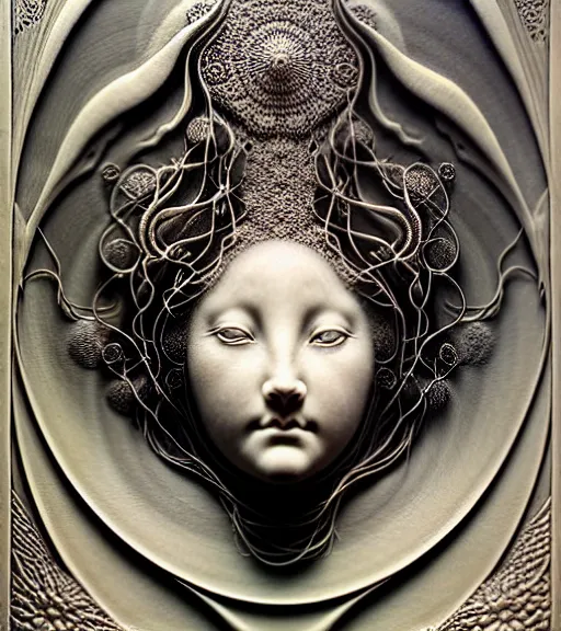 Image similar to detailed realistic beautiful porcelain moon goddess face portrait by jean delville, gustave dore, iris van herpen and marco mazzoni, art forms of nature by ernst haeckel, art nouveau, symbolist, visionary, gothic, neo - gothic, pre - raphaelite, fractal lace, intricate alien botanicals, ai biodiversity, surreality, hyperdetailed ultrasharp octane render