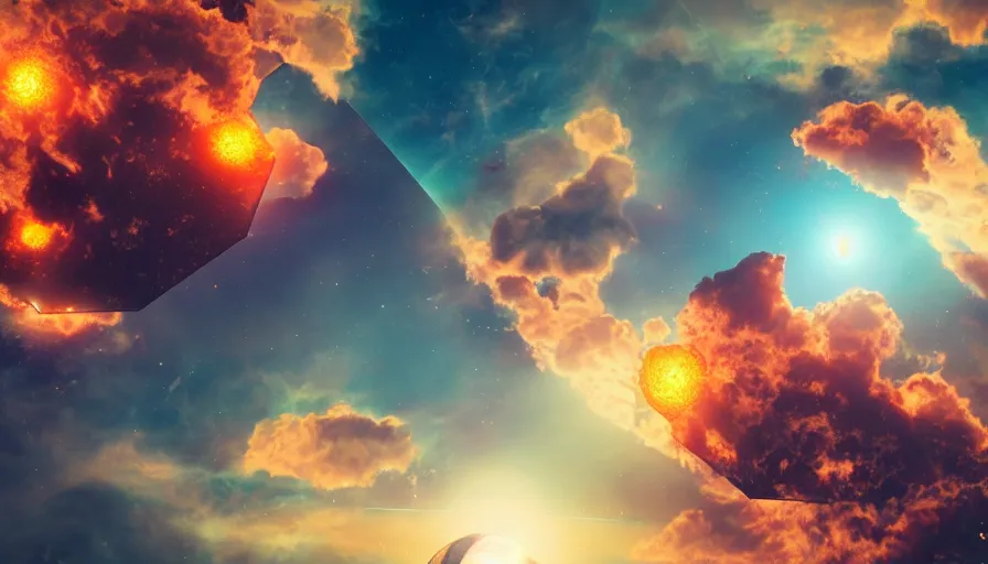 Image similar to hexagon eclipsing sun, floating in space, colorful clouds below matte painting, trending on artstation, realistic, octane render, cinematic, epic