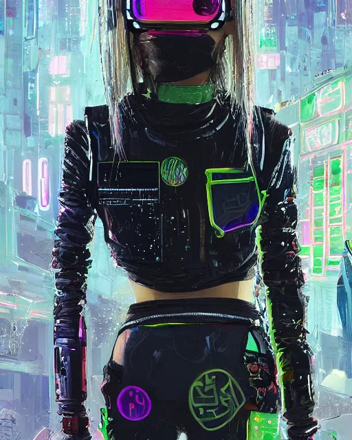 Prompt: detailed portrait neon guard girl with long straight blonde hair goggles seen from the back, cyberpunk futuristic, reflective puffer jacket, black leggings, decorated with traditional ornaments in front of a dystopian crowd with piles of garbage by ismail inceoglu dragan bibin hans thoma, perfect face, fine details, realistic shaded, fine - face, pretty face