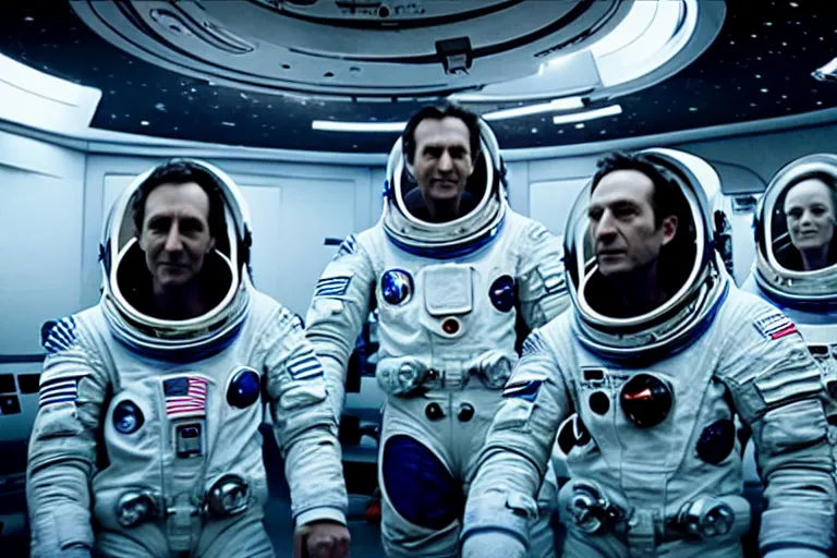 Prompt: film still of closeup beautiful model space tourists, space port by emmanuel lubezki