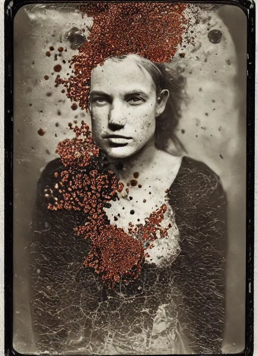 Prompt: old wetplate daguerreotype portrait wretched war by damian hirst, explosion of data fragments, fractal, intricate, elegant, highly detailed, parallax, leica, medium format, subsurface scattering, by marie harnett
