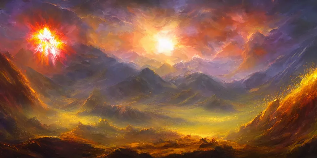 Prompt: magical explosion in a valley, fantasy, oil painting, concept art, 8 k