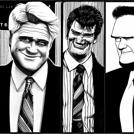 Prompt: jay leno, conan o'brien, david letterman drawn in the style of frank miller's sin city comics, black and white, panels