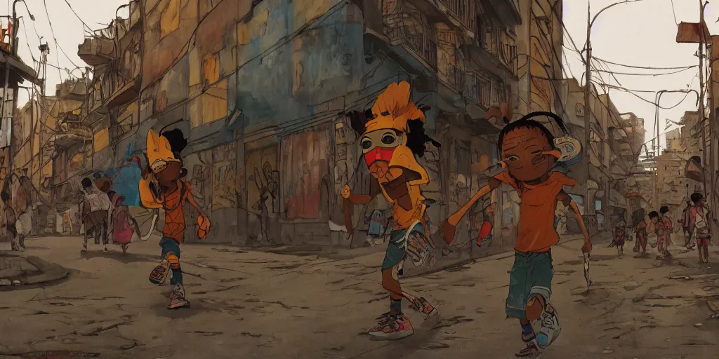 Prompt: a film still from Tekkonkinkreet by Ian McQue , 4 kids wearing african tribal masks with graffiti war paint run through dusty street of favela city, vibrant, 35mm lens, Dutch angle, video game character design, 2d game lineart behance hd, studio, dramatic lighting, cinematic, global illumination, trending on Artstation, bloom