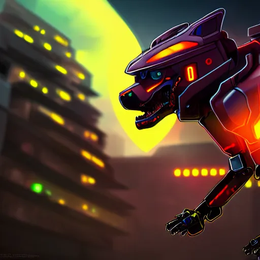 Image similar to highly detailed cinematic shot of a mecha canine, sharp claws, glowing visor, charging through city, digital art, furry art, furaffinity, deviantart, dragon art