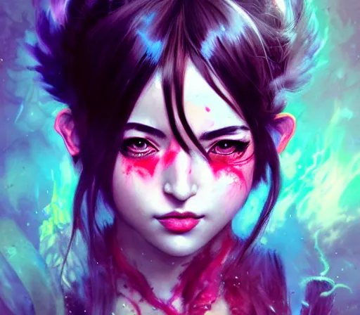 Image similar to a Demon Slayer FAN art portrait of grown up Mitsuri Kanroji ,by Stanely Artgerm,Tom Bagshaw,arthur adams,Carne Griffiths,trending on DeviantArt,street art,face enhance,chillwave,maximalist,full of color,glittering