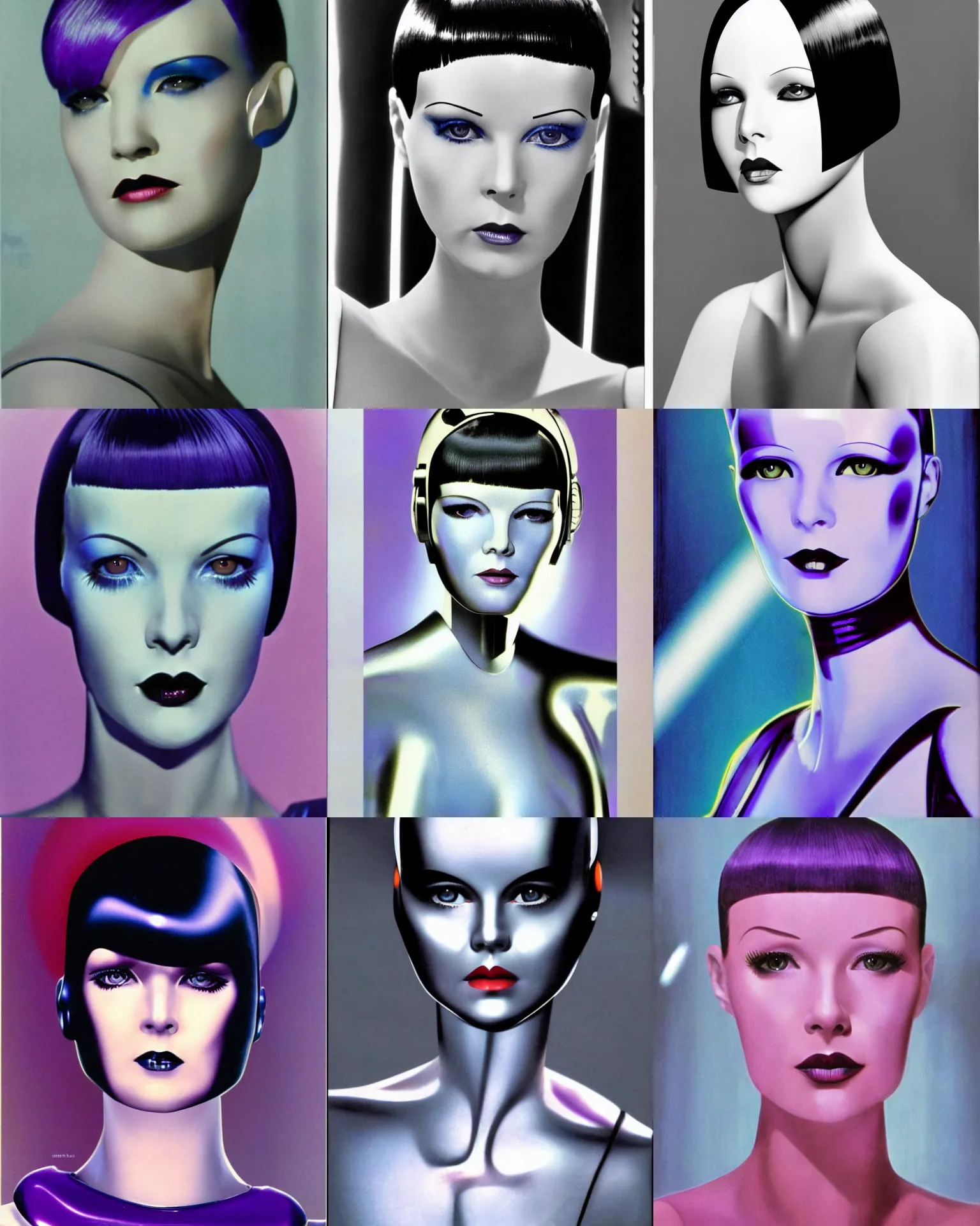 Prompt: mary louise brooks is half robot, robotic, chrome skin, 1 9 8 0 s airbrush, clean lines, futuristic, blade runner, line lighting patterns, blue rim lighting, triangle makeup, purple shiny bob haircut