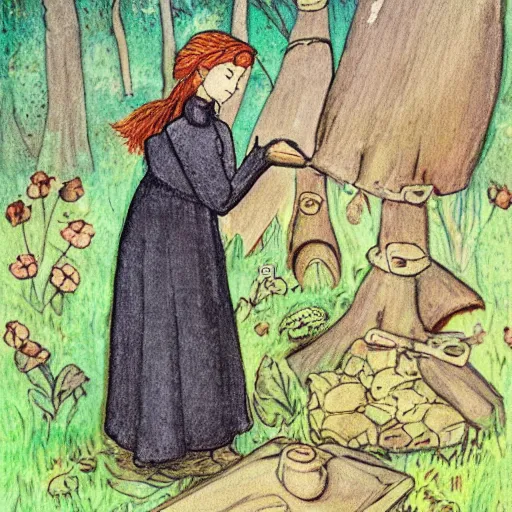 Image similar to the blacksmits’ daughter, working in the forge, fantasy art in the style of Elsa Beskow,