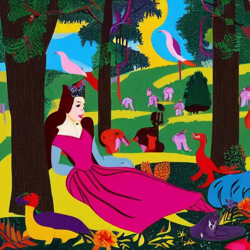 Image similar to A beautiful computer art of Princess Aurora singing in the woods while surrounded by animals. She looks so peaceful and content in the company of the animals, and the colors are simply gorgeous. cutaway by Jacob Lawrence flowing, random