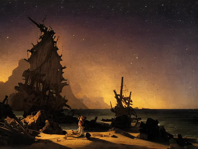 Image similar to an oil painting of an ancient shipwreck in the middle of an alien desert at dusk, aurora and stars light up the sky by carl spitzweg and tuomas korpi. baroque elements, full-length view. baroque element. intricate artwork by caravaggio. Trending on artstation. 8k