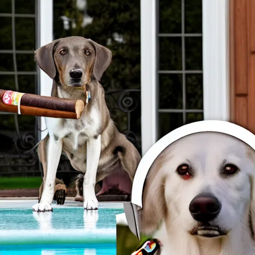 Image similar to a very detailed photo of a dog smoking a cigar outside the mansion by the pool