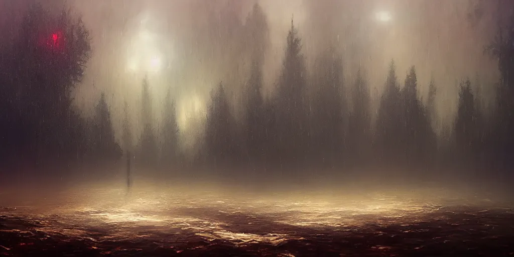 Image similar to A surreal dream landscape, pouring rain, cinematic lighting, detailed oil painting, 8k