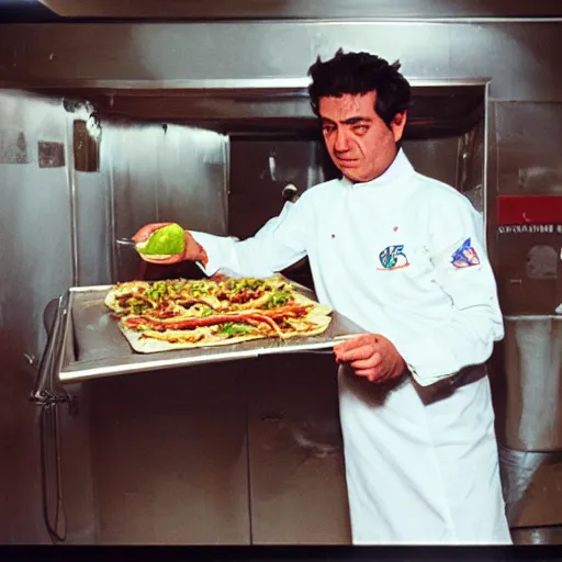 Prompt: alien cooks shawarma in a stall, soviet space, top secret style, realistic photo, cinestill 8 0 0 t, 1 9 7 0 s, color