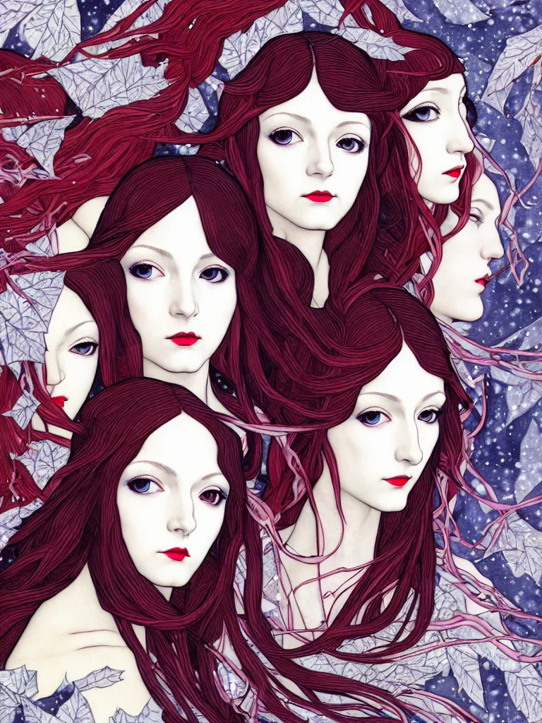 Image similar to triad of winter muses as december, january, and february, style mix of æon flux, shepard fairey, botticelli, ivan bilibin, john singer sargent, pre - raphaelite, shoujo manga, harajuku fashion, dormant nature, snow, ice, stark colors, superfine inking, ethereal, 4 k photorealistic, arnold render